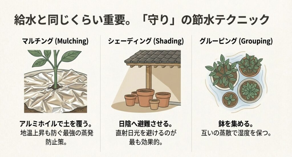 アルミホイルで土を覆うマルチング、日陰への移動(シェーディング)、鉢を集めるグルーピングによる水分蒸発防止策のイラスト。