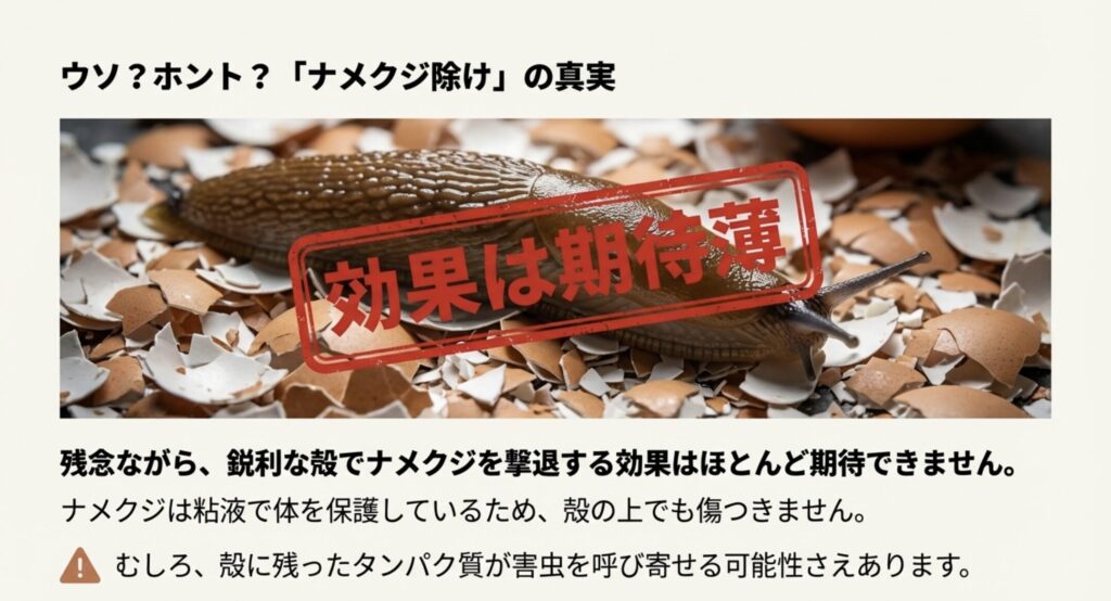卵の殻の上をナメクジが這っている写真に「効果は期待薄」というスタンプが押された画像。殻に残ったタンパク質が害虫を呼ぶリスクについても言及。