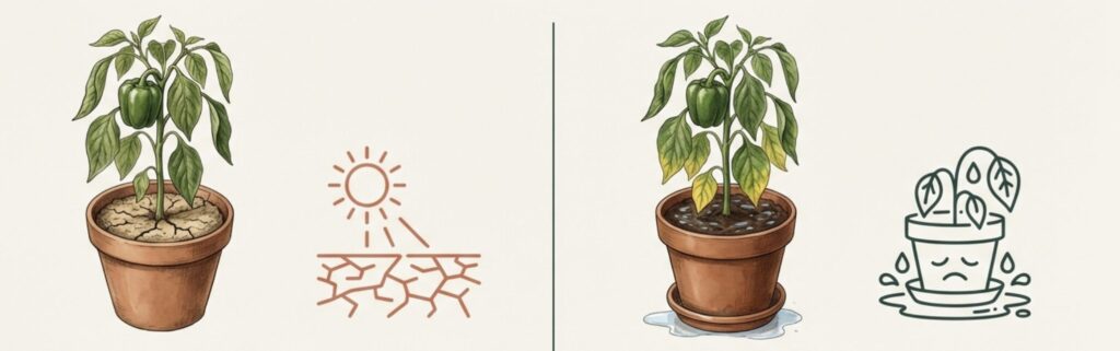 乾燥ストレスと過湿ストレス:水不足で土がひび割れしおれる野菜のイラスト(左)と、水浸しで下葉が黄変ししおれる野菜のイラスト(右)。しおれの原因が水切れか根腐れかを判断するための視覚情報。