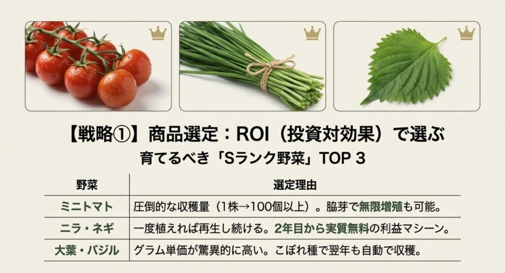 家庭菜園で儲かる野菜の一覧表。ミニトマト、ニラ・ネギ、大葉・バジルが選ばれる理由とコストパフォーマンスの解説。
