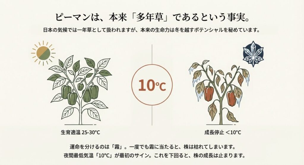 ピーマンの成長停止温度は10度。霜に当たると枯れてしまう様子を描いたイラスト。