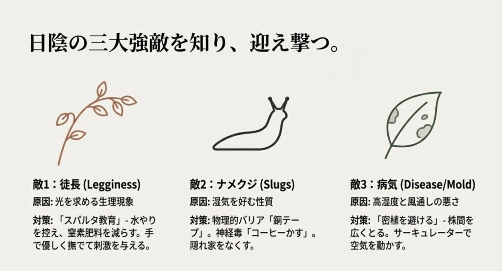日陰栽培で発生しやすい3つの問題（徒長、ナメクジ、病気）と、それぞれの原因および解決策（スパルタ水やり、銅テープ、密植回避など）をまとめた図。