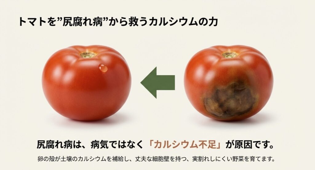 尻腐れ病によって黒く変色したトマトのイラストと、卵の殻によるカルシウム補給が実割れしにくい野菜を育てることを示す図。
