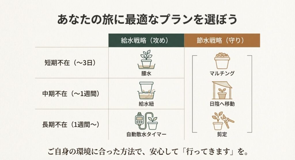短期(〜3日)、中期(〜1週間)、長期(1週間〜)の不在期間ごとに推奨される、給水戦略と節水戦略をまとめたマトリクス表。