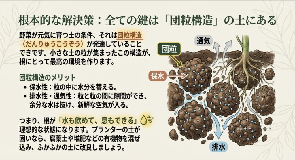 腰水とガス交換:鉢を水に浸して底穴から吸水させる「腰水」のイラスト(A)と、上からたっぷりの水を与えて土中の古い空気を押し出し新鮮な空気を入れる「ガス交換」のイラスト
