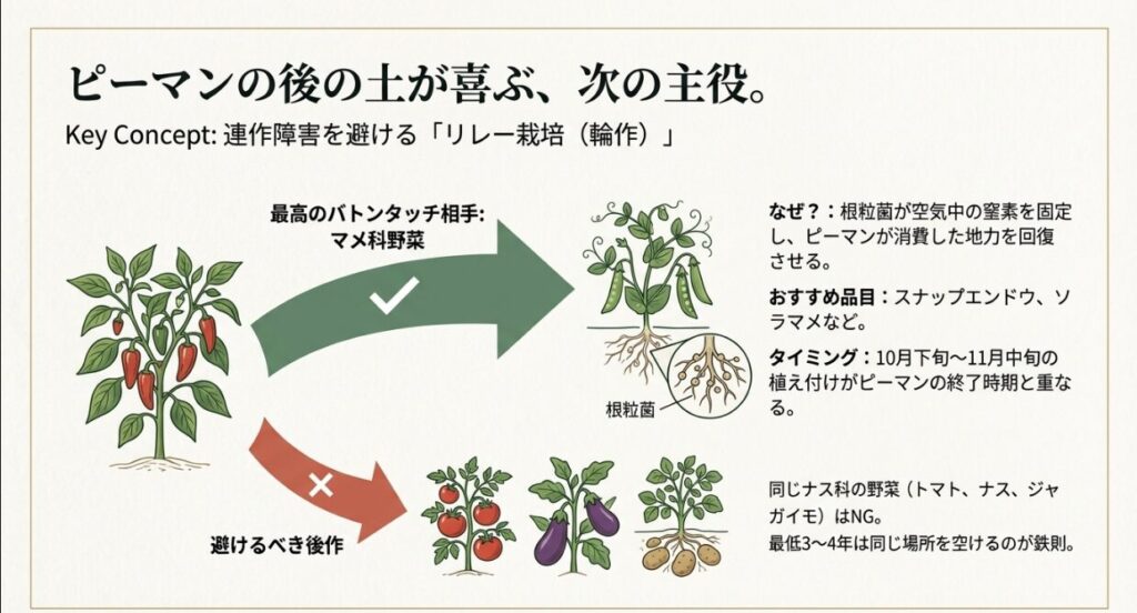 連作障害を防ぐリレー栽培。根粒菌で土を回復させるスナップエンドウなどのマメ科野菜のイラスト