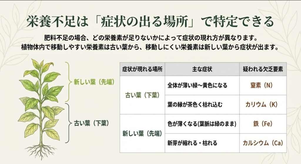古い葉と新しい葉の欠乏症:植物のイラストで、上部の新しい葉と下部の古い葉が括弧で区切られており、欠乏症状の出る場所(移動しやすい栄養素は古い葉から、移動しにくい栄養素は新しい葉から)を視覚的に示している。