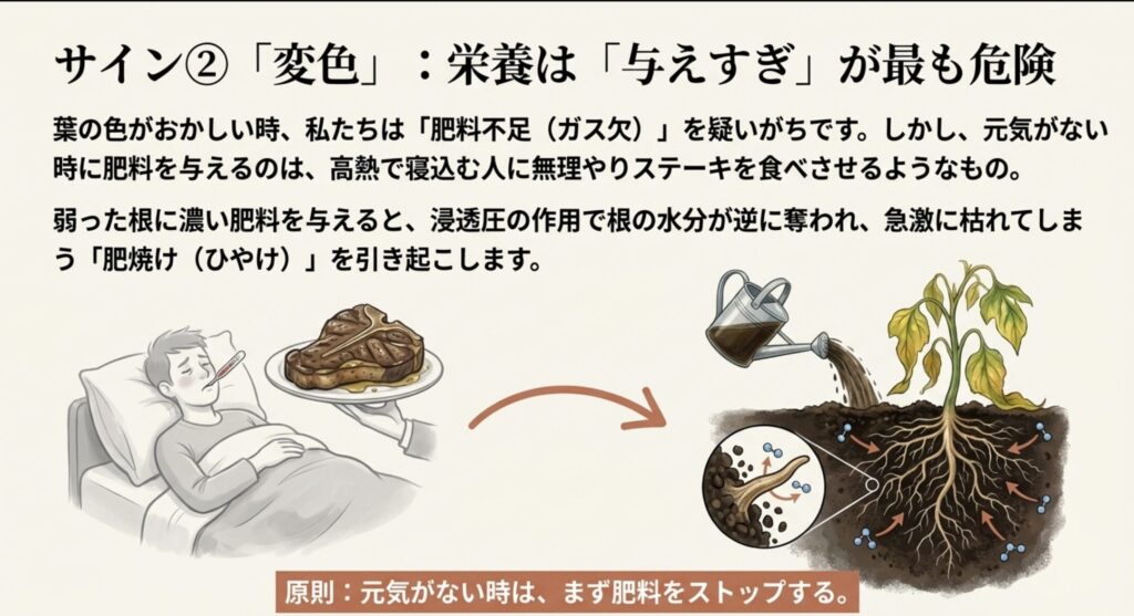 弱った植物への肥料の比喩:高熱で寝込んでいる人にステーキを無理やり食べさせようとしているイラスト。「元気がない時に肥料はダメ」という原則を伝えるための比喩表現。
