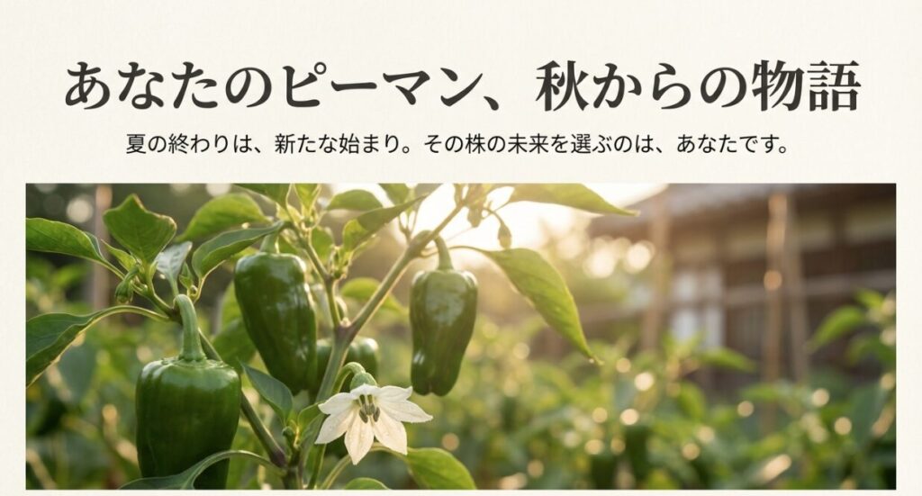 夕日に照らされる秋のピーマン畑と白い花。家庭菜園の秋戦略の始まり。