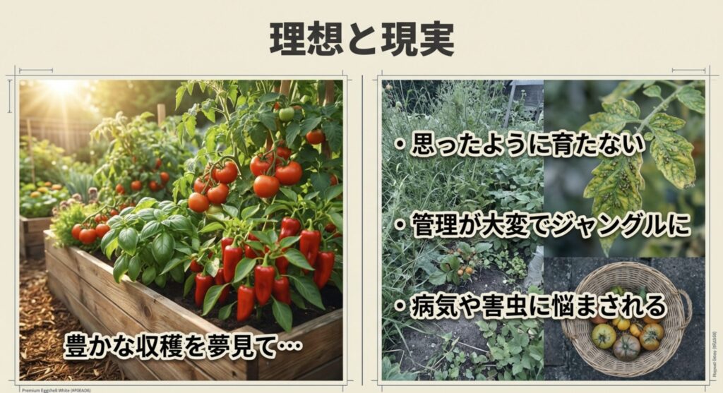 思ったように育たずジャングル化した家庭菜園の失敗例と、豊作の理想イメージの比較