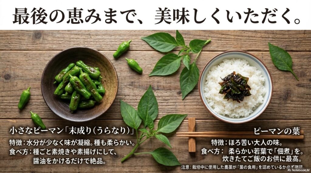 小さな未熟果（末成り）とピーマンの葉のイラスト。佃煮や素揚げで美味しく食べる提案。