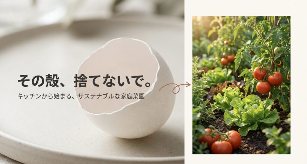 陽の光を浴びるトマトやレタスなどの家庭菜園の野菜と、「その殻、捨てないで」というキャッチコピー。