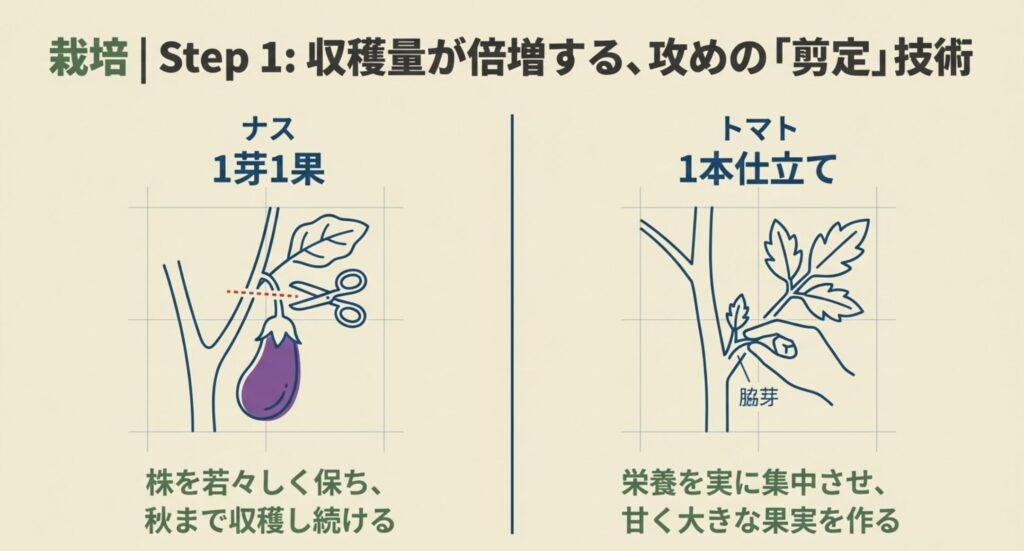 ナスの「1芽1果」切り戻し位置と、トマトの脇芽かき・1本仕立てを示すイラスト解説