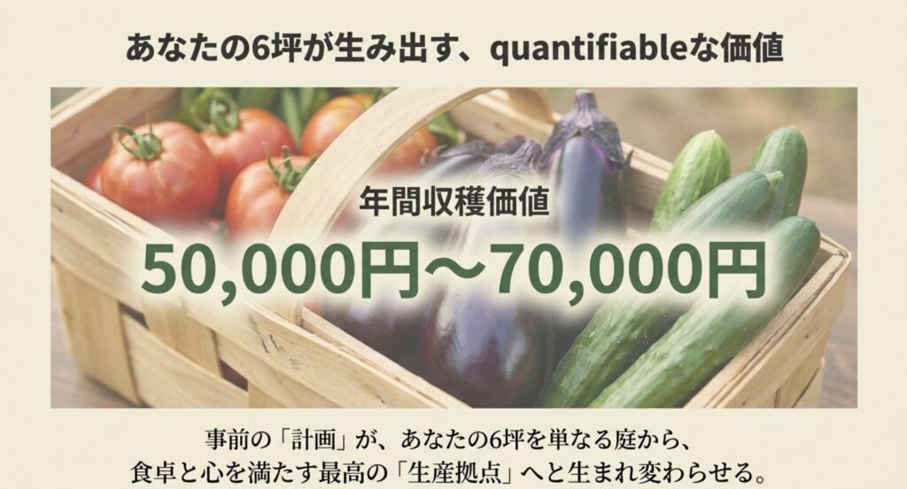 年間5万円〜7万円相当の野菜収穫イメージと、トマトやキュウリが入った収穫カゴの画像