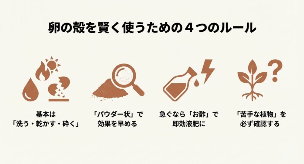 「基本は洗う・乾かす・砕く」「パウダー状で効果アップ」「急ぐならお酢で」「苦手な植物を確認」という4つの重要ポイントをアイコンでまとめた図。
