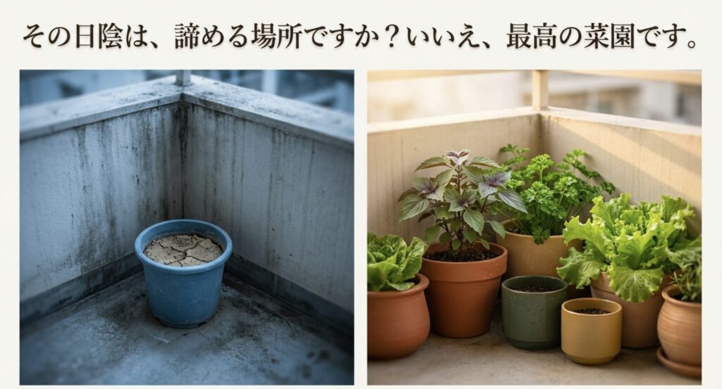 コンクリートのベランダの隅に置かれた鉢植え。日陰は諦める場所ではなく最高の菜園になり得ることを示唆するイメージ画像。