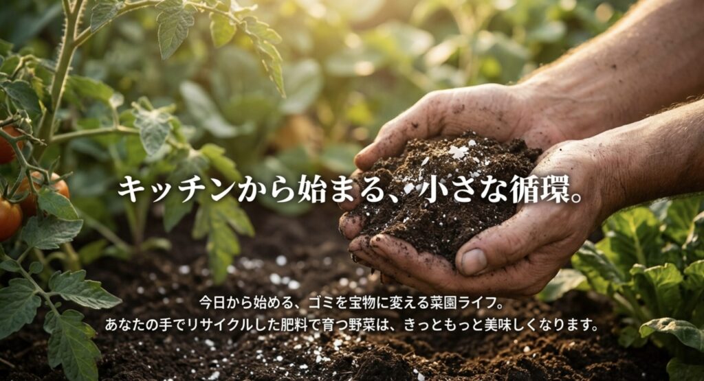 「キッチンから始まる、小さな循環。」というメッセージと共に、ゴミを宝物に変える菜園ライフを提案する締めくくりのスライド。