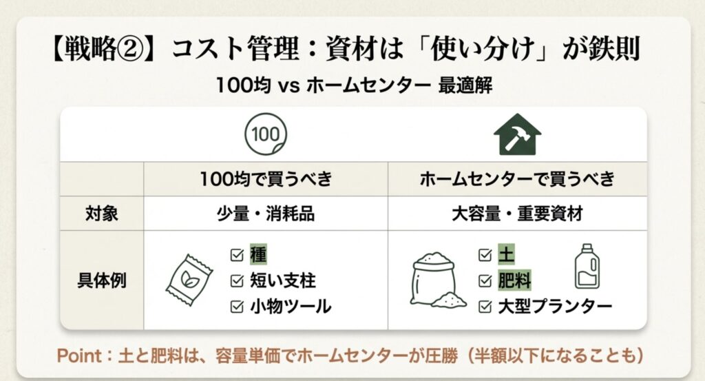 園芸資材の購入場所比較表。消耗品は100均、土や肥料などの重要資材はホームセンターで買うべき理由と具体例。