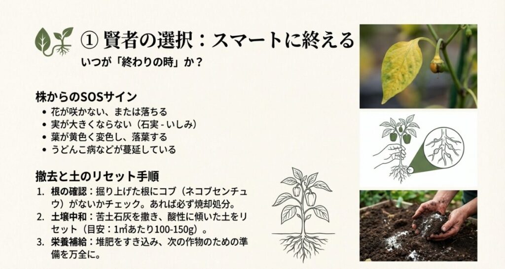 葉の変色や根のコブなど撤去のサイン。撤去後の根の確認と石灰による土壌中和の手順。
