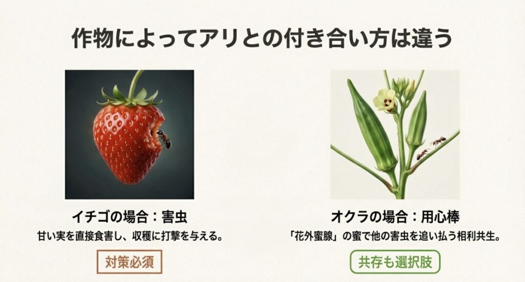 イチゴ（害虫として対策必須）とオクラ（用心棒として共存も選択肢）の比較。