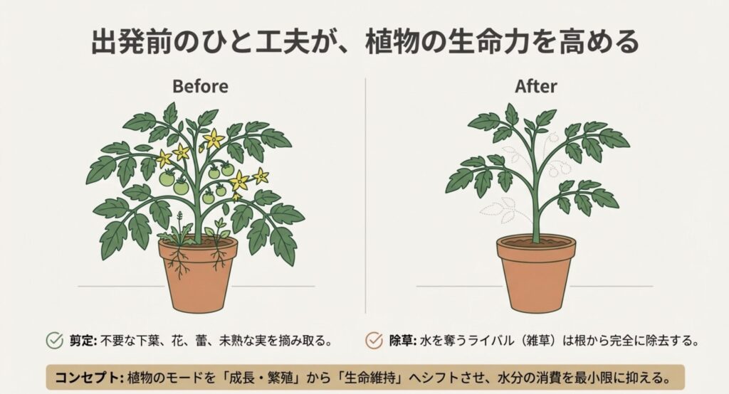 トマトのイラストを用いた解説。出発前に不要な下葉、花、未熟な実を摘み取り、雑草を除去することで、植物を生命維持モードへシフトさせる図。