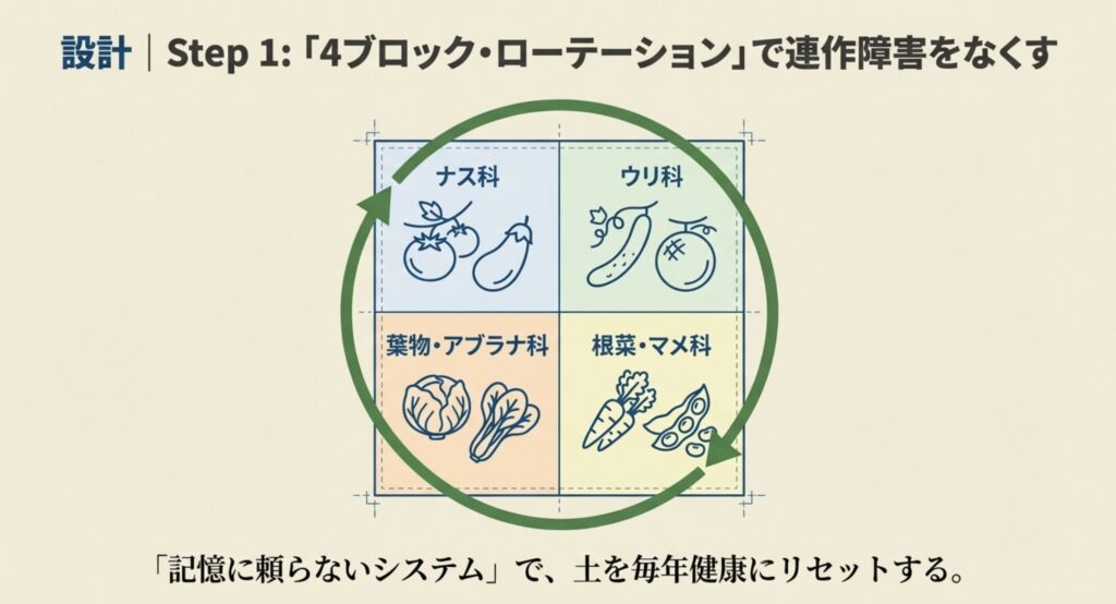 ナス科、ウリ科、根菜・マメ科、葉物・アブラナ科を年ごとに循環させるサイクルの図解