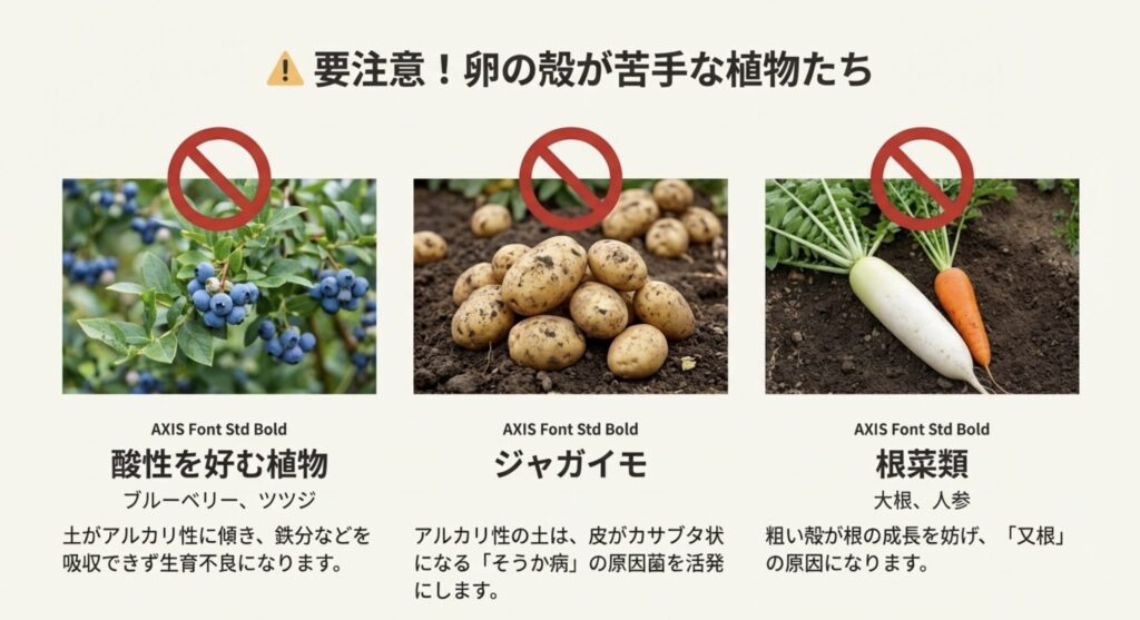酸性を好むブルーベリー、そうか病のリスクがあるジャガイモ、又根の原因になる根菜類（大根・人参）には卵の殻を使ってはいけないことを示す警告図。