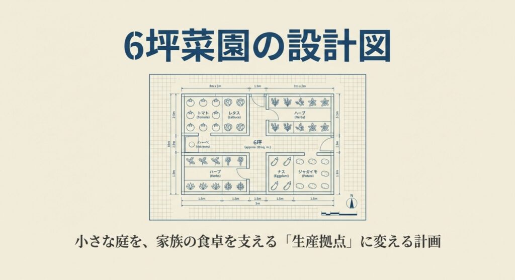 6坪(約20平米)の畑をトマト、レタス、ハーブ、ナス、ジャガイモなどのエリアに分けた詳細な平面図
