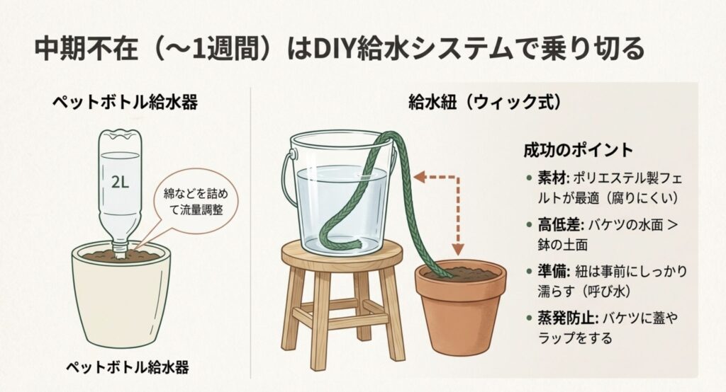 ペットボトルを使った点滴式給水器と、バケツとフェルト紐を使った毛細管現象(ウィック式)給水システムの図解。バケツを鉢より高い位置に置くことがポイント。