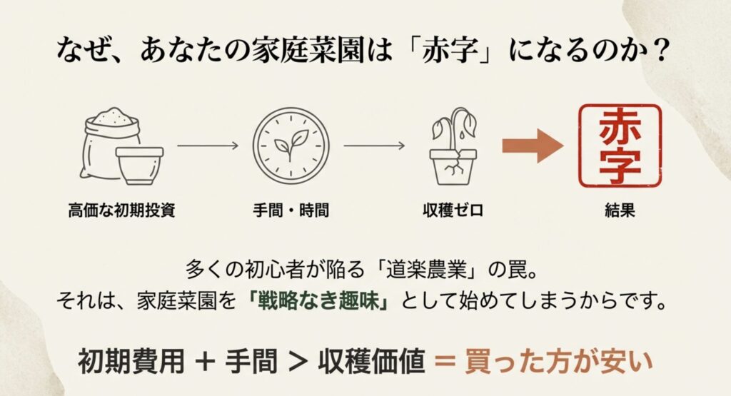 初期費用と手間が収穫価値を上回り、買った方が安くなる「道楽農業」の罠を示した図解。