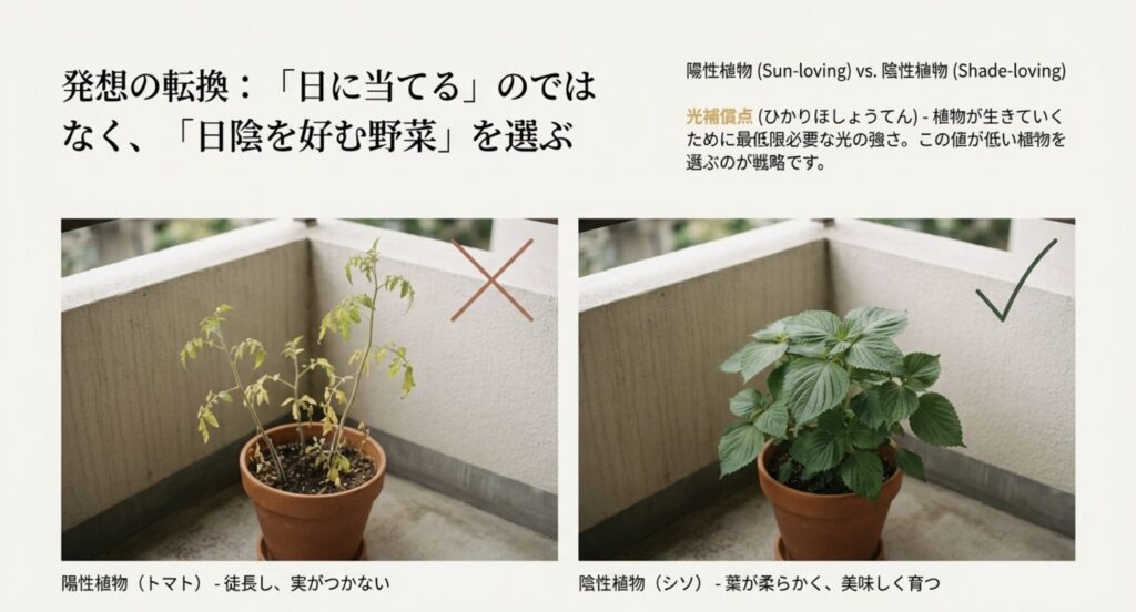 日陰で失敗するトマト（陽性植物）と成功するシソ（陰性植物）の比較イラスト。植物が生きていくために必要な最低限の光の強さ「光補償点」についての解説図。
