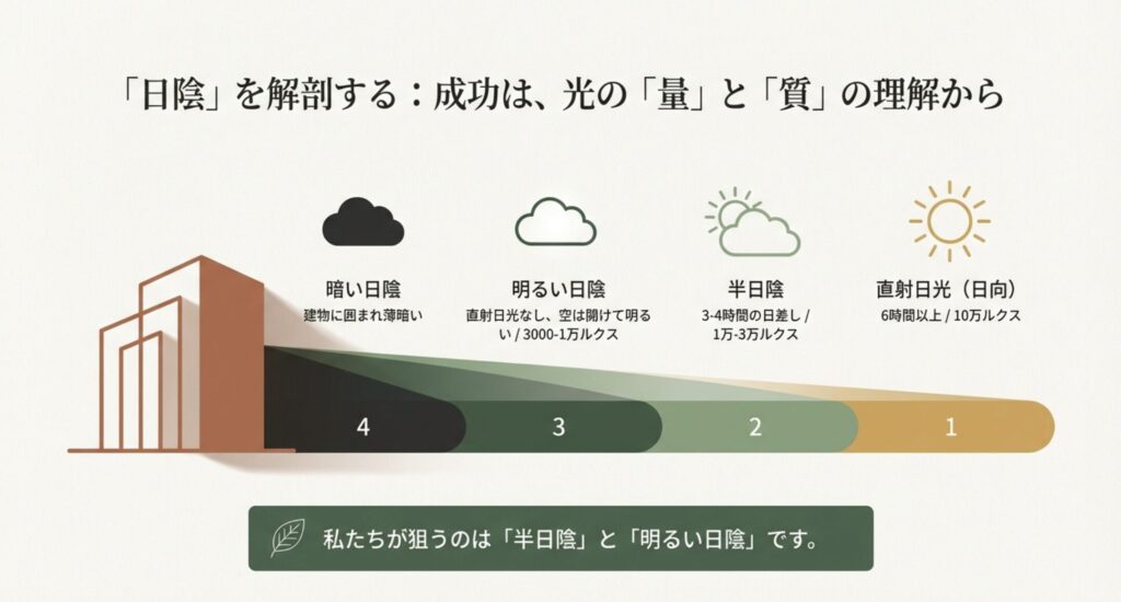 暗い日陰、明るい日陰、半日陰、直射日光（日向）の4段階をイラストで図解。それぞれのルクス（照度）数値と環境の特徴を示したチャート。
