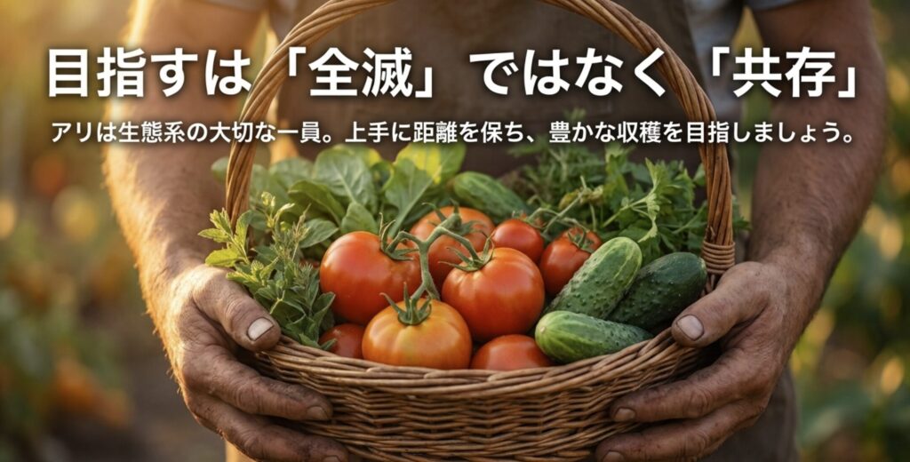 アリを生態系の一員として捉え、上手に距離を保って豊かな収穫を目指す結びのスライド。
