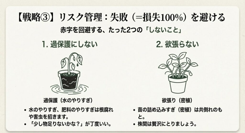 水のやりすぎ(過保護)と苗の詰め込みすぎ(欲張り)による失敗リスクを回避するための注意点。