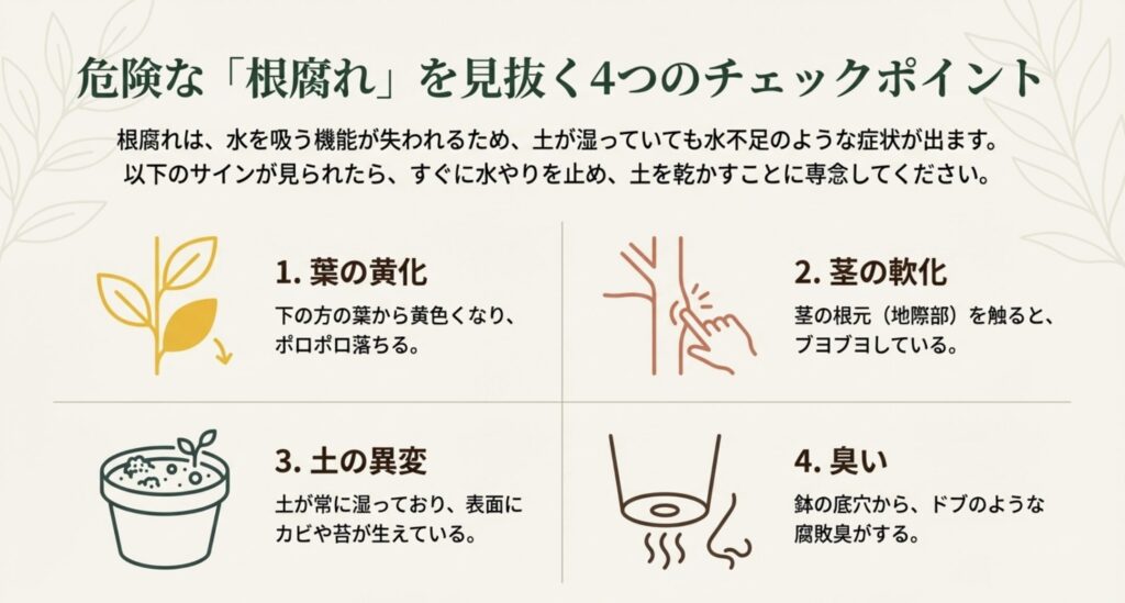 根腐れチェックポイント:芽が出たばかりの土のイラスト。根腐れのサイン(葉の黄化、茎の軟化、土の異変、臭い)のチェックリストを導入する画像。