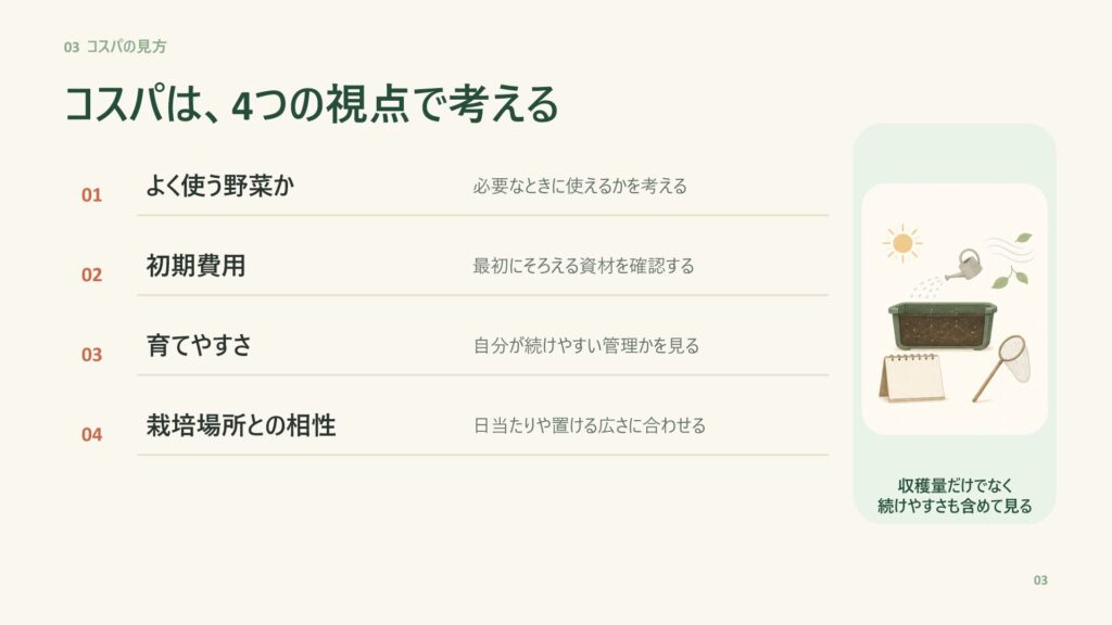 家庭菜園のコスパを考える4つのチェック項目を示すスライド