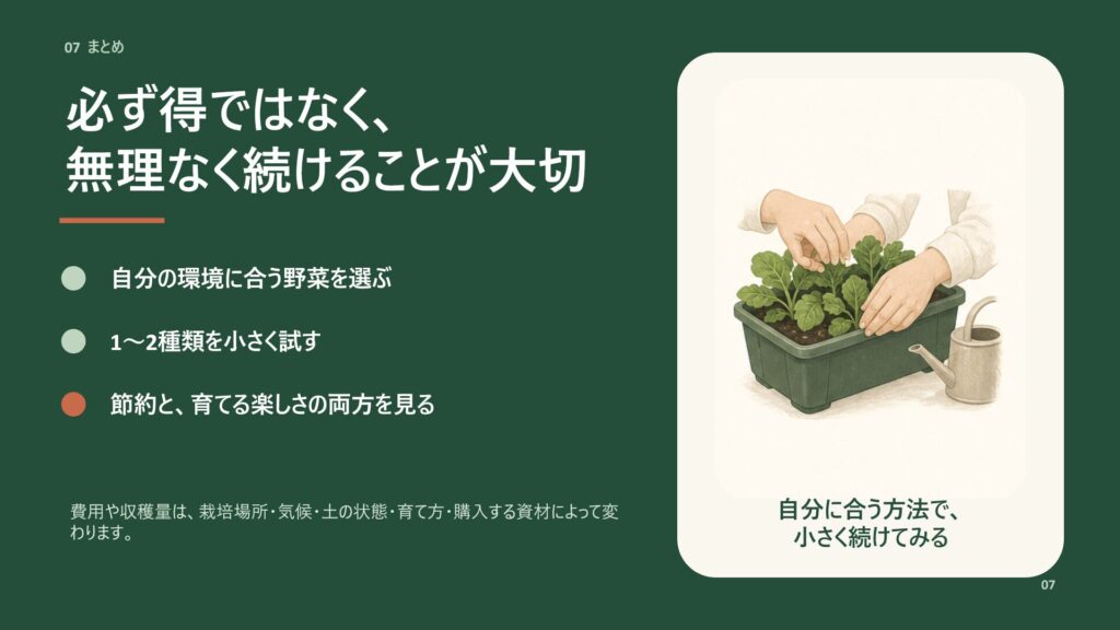 家庭菜園は必ず得ではなく無理なく続けることが大切とまとめたスライド