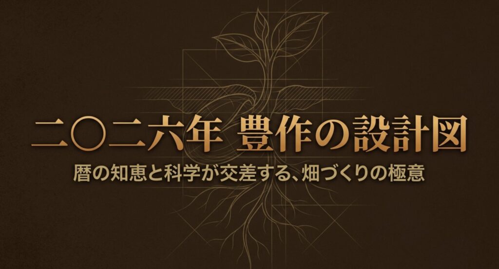2026年の豊作の設計図。暦の知恵と科学が交差する畑づくりの極意を表した表紙スライド