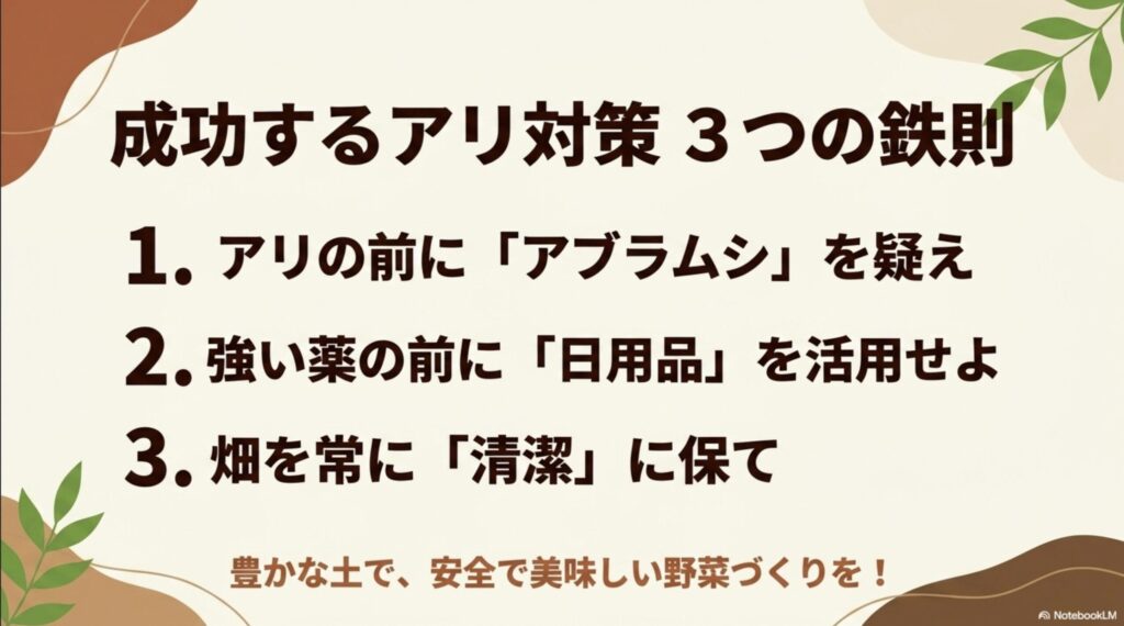 成功するアリ対策3つの鉄則。1.アリの前にアブラムシを疑え、2.強い薬の前に日用品を活用せよ、3.畑を常に清潔に保て。