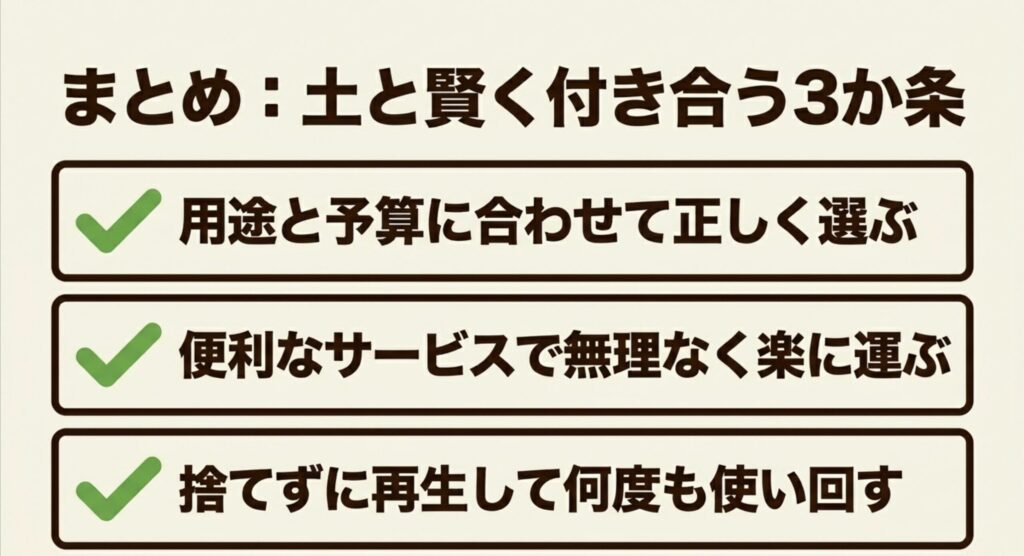 用途と予算に合わせて選ぶ、便利なサービスで運ぶ、捨てずに再生して使い回すという土と賢く付き合うための3か条