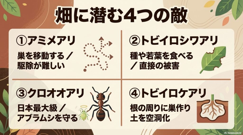 畑に潜む4つの敵。アミメアリ、トビイロシワアリ、クロオオアリ、トビイロケアリの特徴まとめ。