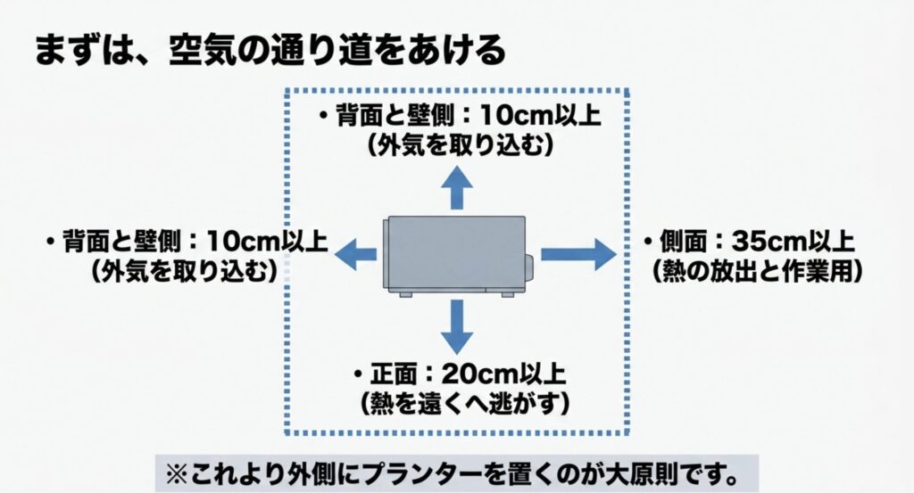 室外機の背面、側面、正面に必要なクリアランス(すき間)の目安