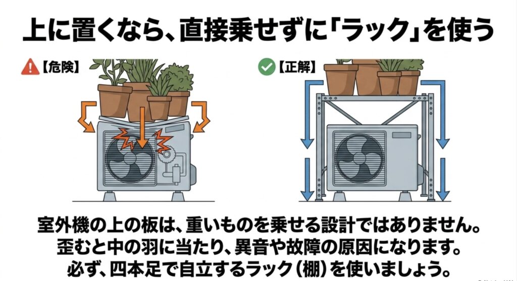 室外機の上にプランターを置く際の自立型ラックの正しい使い方