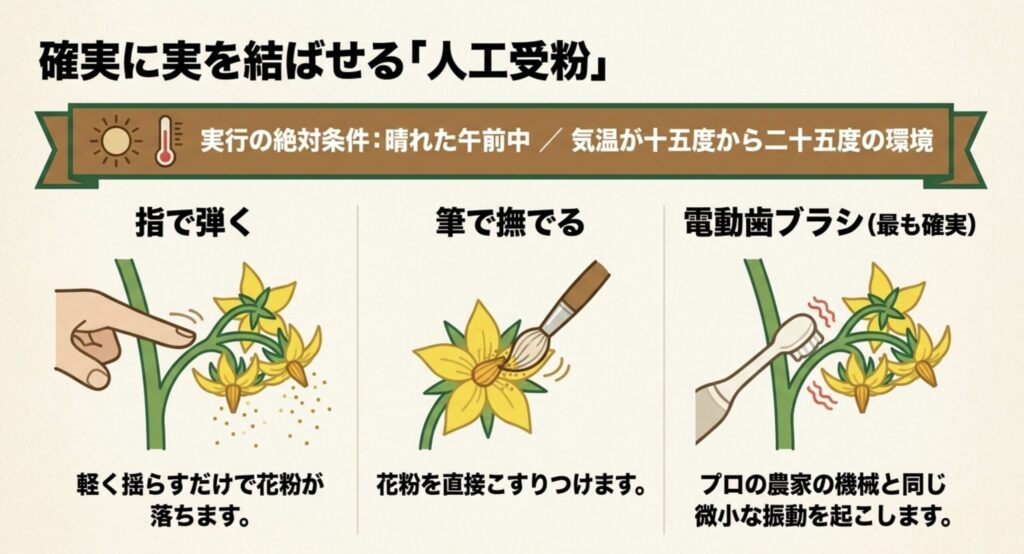 指で弾く、筆で撫でる、電動歯ブラシの微小な振動を使うといった、3つの効果的な人工受粉テクニック