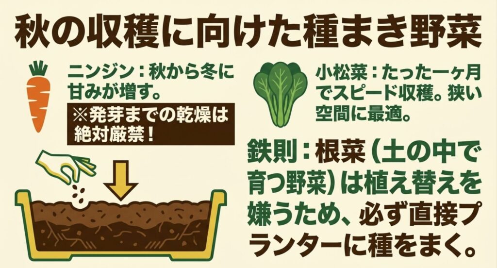 秋の収穫に向けた種まき野菜。ニンジンや小松菜のイラスト。根菜は植え替えを嫌うため直接プランターに種をまく鉄則を解説。