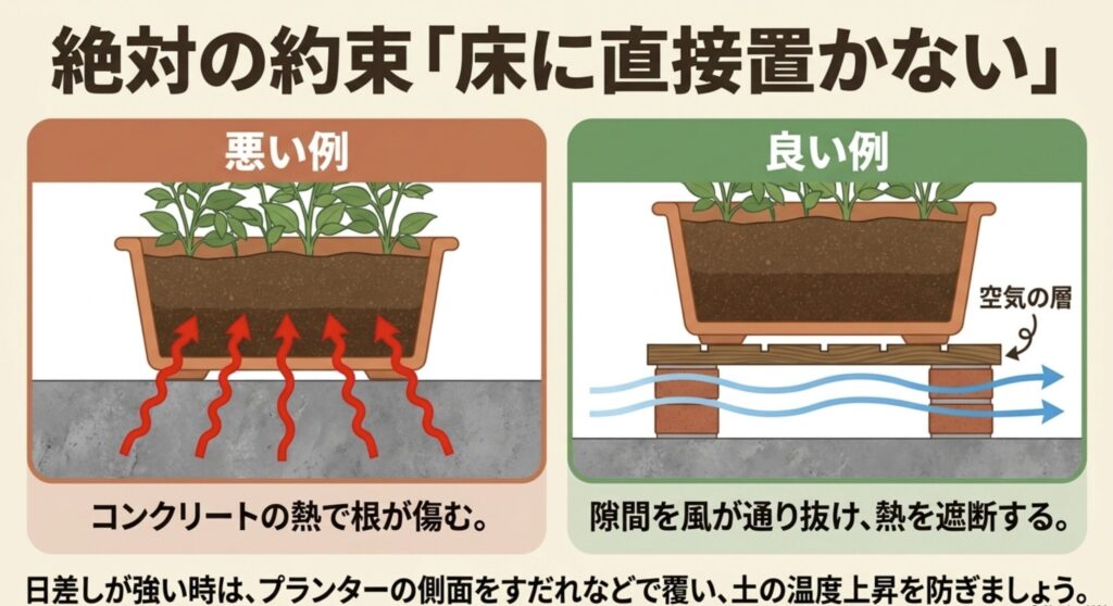 プランターを床に直接置かず、空気の層を作ってコンクリートの熱から根を守る方法
