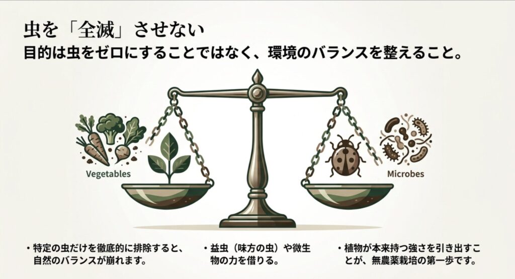 目的は虫をゼロにすることではなく、環境のバランスを整えることを示す天秤のイラスト