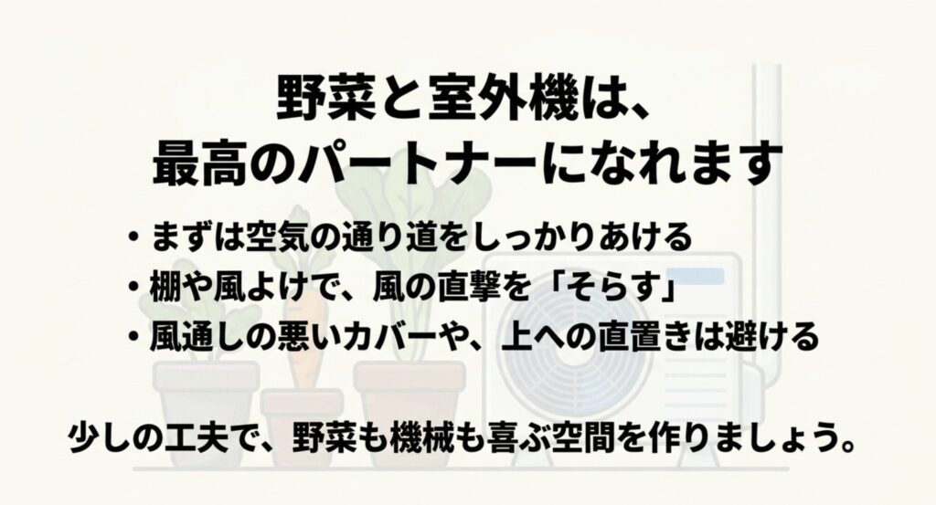 適切な距離と風よけ対策で野菜と室外機が共存する快適なベランダ空間作り