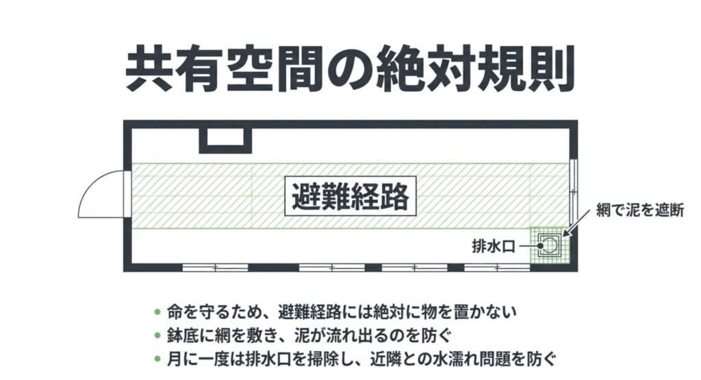 マンションのベランダなど共有空間で命を守る避難経路の確保と、排水口の泥詰まりを防ぐルールの解説