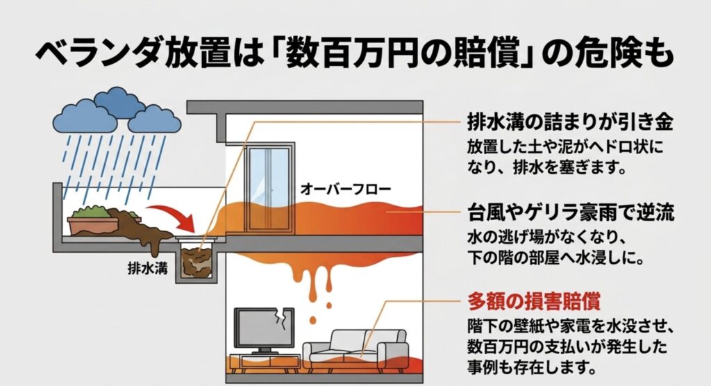 プランターの土で排水溝が詰まり階下に水漏れ被害が及ぶメカニズムの図解